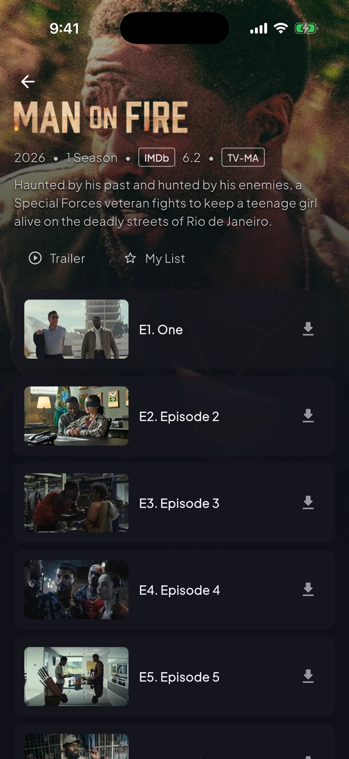 Apollo Group TV series detail screen with episode list on a smartphone