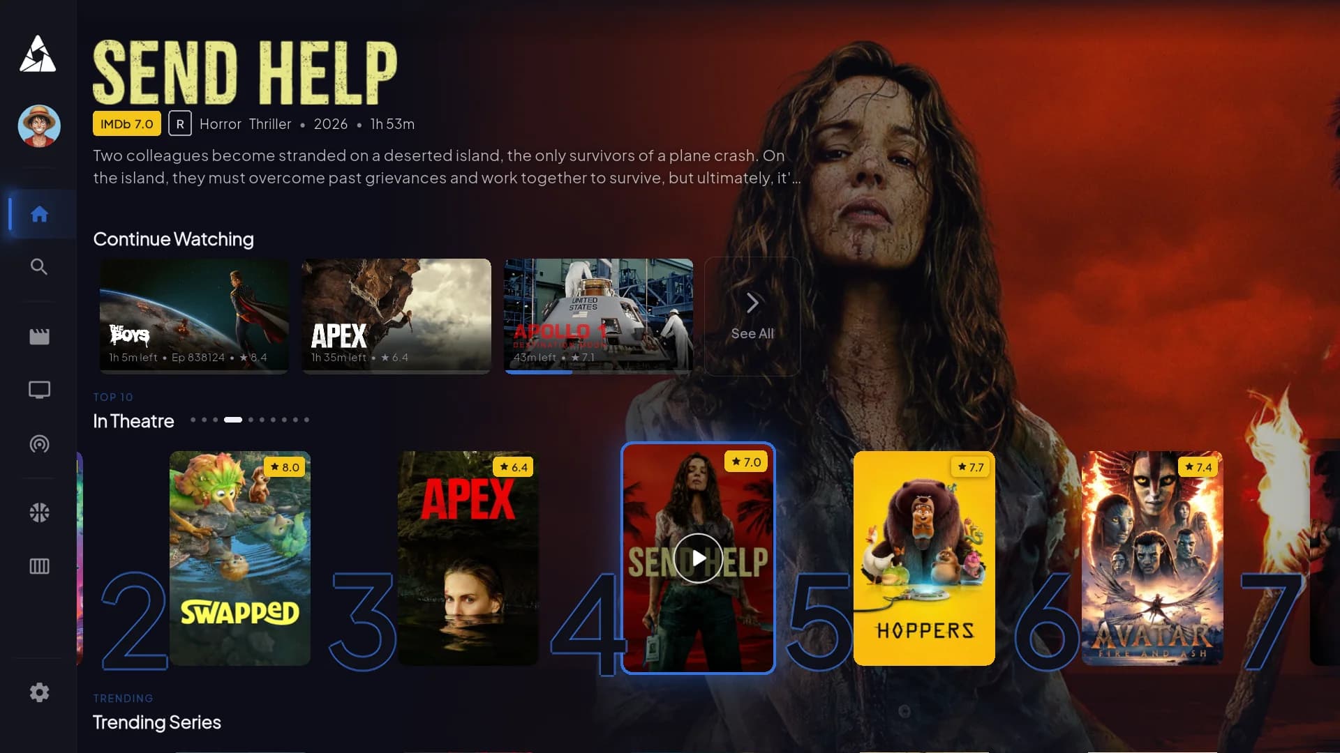 Apollo Group TV home screen showing live channels and on-demand titles on a smart TV